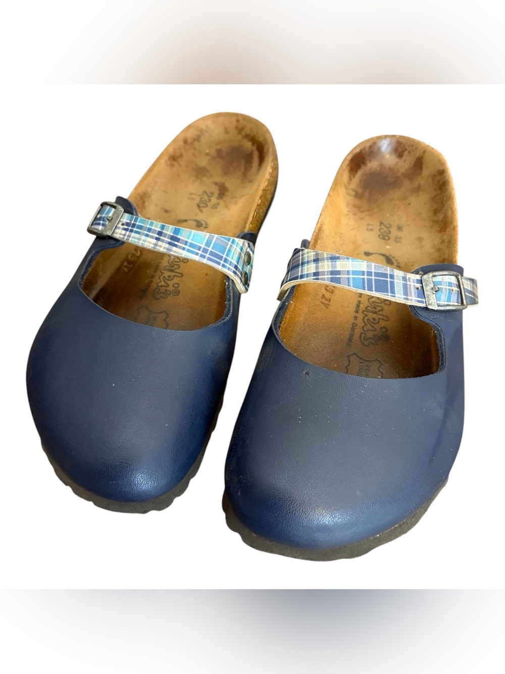 Birkenstock Navy Leather Mary Jane Flats with Plaid Strap